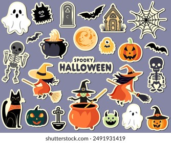 Halloween sticker set. Witch, pumpkins, ghosts, monster, skeleton. Characters and elements for halloween. 