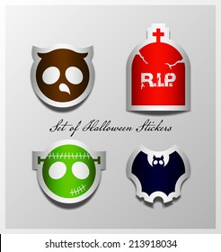 Halloween sticker symbols owl, headstone, bat, Frankenstein collection.