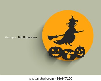 Halloween sticker, tag or label with flying witch on broom with scary pumpkins. 