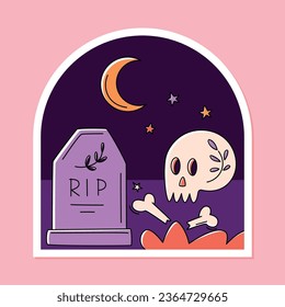 Halloween sticker with tombstone, decorated skull, bones, moon and stars. Night at the cemetery. Vector illustration