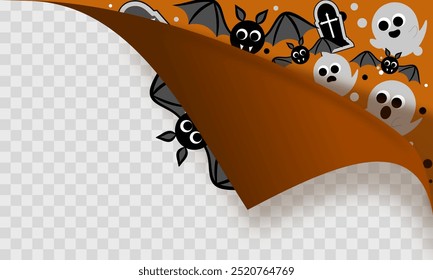 Halloween sticker, vector element for the website, tag, sticker, corner label with very cute ghosts and round bats to promote shopping in the autumn season. modern bright vector illustration