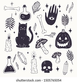 Halloween sticker vector isolated. Magic wicca witch potion, black cat, jack-o-lantern, herbs, plants, pumpkin, hand with eye, bones, mushroom, crystal for stickers, badges, pins, media banner