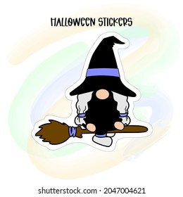 Halloween sticker. Witch flying on broom. Gnome Witch with magic hat. Scandinavian Nordic Gnome. Autumn holidays gnomes for greeting card, halloween t shirt design, print, mug.