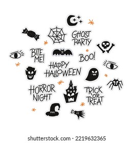 Halloween stickers. Big set of seasonal elements and lettering. Spooky phrases, autumn celebration. Bat, hat, spider, skull and bones. Happy Halloween wishes.