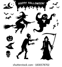 Halloween stickers. Black silhouettes of monsters, objects, elements in vector set. Witch, zombie, ghost, Grim Reaper, pumpkin, witch's hat, skull isolated on white background with bats and cross.