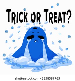 Halloween stickers. Blue cartoon monster crying with lollipops. Isolated on white background. Vector illustration. A postcard with the inscription trick or treat.