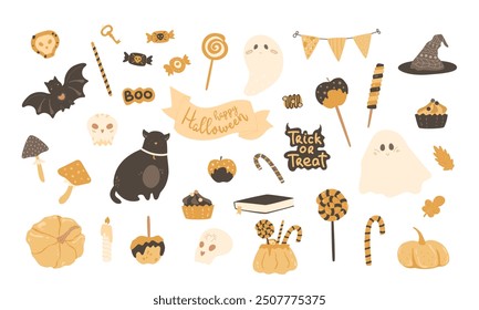 Halloween stickers bundle. Cute characters and holiday elements. Bat, ghosts, candies, skull, lettering labels, cakes, mushrooms. Vector hand drawn illustration. Spooky clipart.