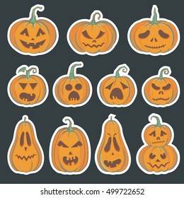 Halloween stickers with carved pumpkins. Vector set of illustrations with Halloween pumpkins.