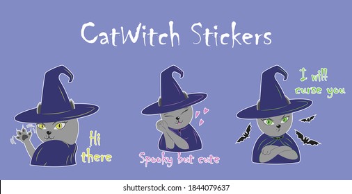 Halloween stickers: cat witch with different emotions