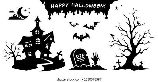 Halloween stickers collection. Black cartoon silhouettes and symbols of scary spooky decorations. Vector set. Dark castle, evil tree, graves, crosses and bats isolated on white background.