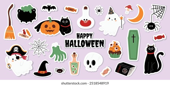 Halloween Stickers Collection. Cute elements for Halloween holiday. Ghosts, spell book, potion, broom, black cat, pumpkins. Purple isolated background. Hand-drawn style, banner, poster. 