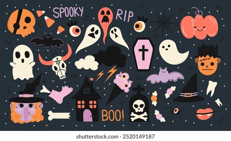  Halloween stickers collection with different seasonal elements. Vector set
