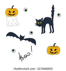 Colección de stickers de Halloween con fantasma. jack o lantern, gato negro y un murciélago. Con ojos tenebrosos. 