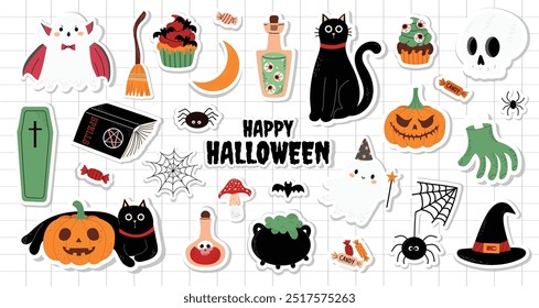 Halloween stickers collection in hand-drawn style. Cute elements for the Halloween holiday. Ghosts, spell book, potion, broom, black cat, pumpkins. White isolated background. Clipart, banner, poster. 