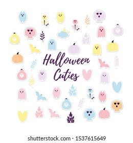 Halloween Stickers Collection Paper cut style with shadow. Pastel colors Pink Halloween party icons. Cute ghost, pumpkin, haunted house, bat, skull, skeleton. Craft characters. Vector Illustration EPS