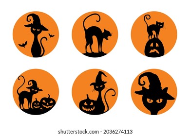 Halloween stickers collection. Simple tags with pumpkin and cats. Decoration for Halloween party.