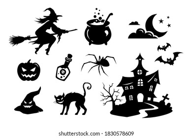 Halloween stickers collection. Vector. Silhouettes and icons of monsters, creatures and elements. Witch, cat, spider, witch house, bat, poison, pumpkin, witch hat, witchcauldron, moon, stars, clouds.