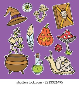 HALLOWEEN STICKERS Colorful Hand Drawn Cut Doodle Objects Sketch Alchemic Astrological And Occult Celestial Set Magical Accessories Cartoon Vector Illustration