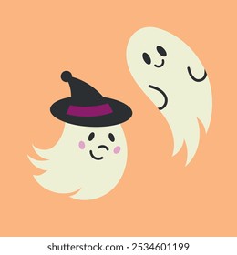 Pegatinas de Halloween. Lindos fantasmas. Feliz Halloween, truco o trato. Ilustración vectorial de estilo plano