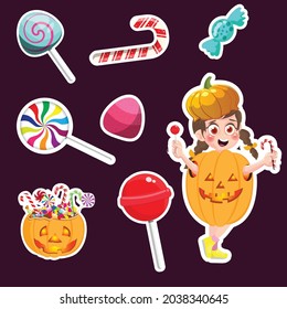 Halloween stickers with cute girl and candies