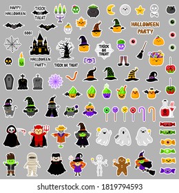 Halloween stickers. Cute icons vector set. Cartoon style. Kawaii. Trick or treat. Holiday symbols. Funny illustration. For postcards, posters, flyers. Isolated on gray background.