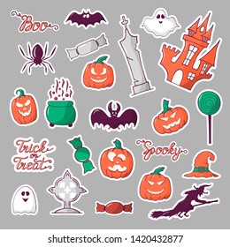 Halloween stickers with cute pumpkins, bats, candy, spooky ghost and spider, witch. Vector isolated Halloween elements.