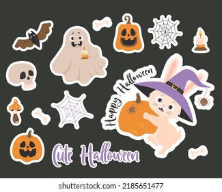 Halloween Stickers. Cute Rabbit Character In Witch Hat With Pumpkin And Spider, Pumpkin Lantern Jack, Cobweb, Ghost, Bat And Skull With Bones. Isolated Vector Elements For Decor, Design And Printing