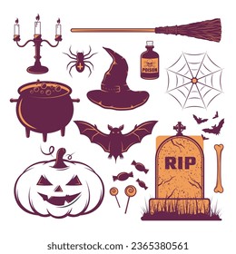 Halloween stickers, Halloween Elements, Bat, hat, spider net,