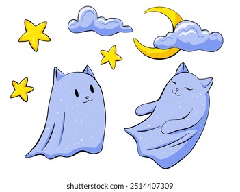 Pegatinas de Halloween. Disfraz de gato fantasma de halloween, luna, nubes y estrellas. Arte mágico del Clip de la colección del Vector de la historieta Ilustración dibujada a mano de moda con los gatos místicos en el fondo blanco