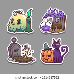 halloween stickers including skull, spider, magicbook, potion, zombie skeleton, cat, pumpkin