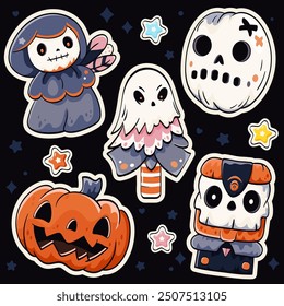 Halloween stickers in kawaii style. Cute Halloween collection with monsters. Can be used for t-shirt print, sticker, greeting card design. Vector illustration EPS8