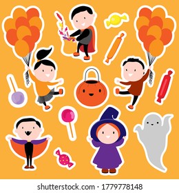 Halloween stickers with kids and candy