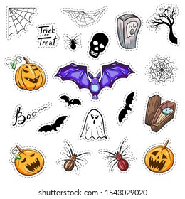 Halloween stickers pack with hand drawn icons in cartoon style: bat, spider, pumpkin, cobweb, tombstone, coffin, skull. Vector illustration.