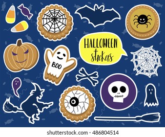 Halloween stickers and patch badges with cute ghosts and pumpkins. Vector illustration. Template for stickers, pins, patches in 90s comic style.