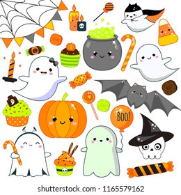 Halloween stickers, patches, badges. Cute pumpkin, ghosts, bat and other holiday symbols in kawaii style. Big collection of design elements for children party invitations, scrapbook and etc