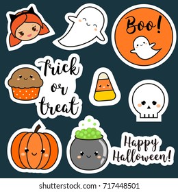 Halloween stickers, patches, badges. Cute pumpkin, ghosts, kids and other holiday symbols in kawaii style. Design elements for children party invitations, scrapbook and etc