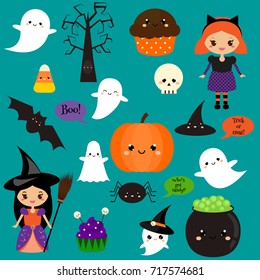 Halloween stickers, patches, badges. Cute pumpkin, ghosts, kids and other holiday symbols in kawaii style. Design elements for children party invitations, scrapbook and etc