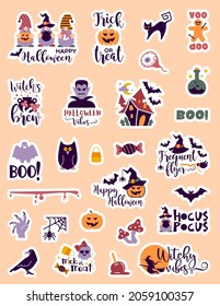 Halloween stickers with popular slogan inscriptions. Vector quotes. Illustration for Halloween Halloween phrase.