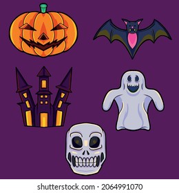halloween stickers with pumpkin ghost bat castle and skull