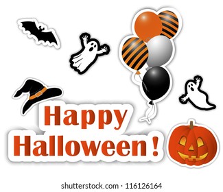 Halloween stickers, pumpkin,  hat, bat, balls, ghosts. eps10. Vector illustration.