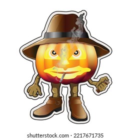 Halloween stickers. Pumpkin sticker A character in a hat and shoes smokes a cigarette on a white isolated background. Funny picture. Icon for social networks. Vector illustration.