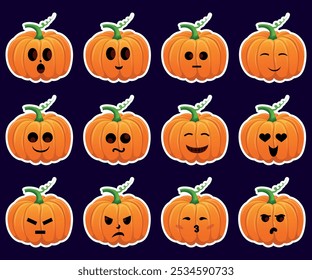 Halloween stickers. Pumpkins with different emotions.