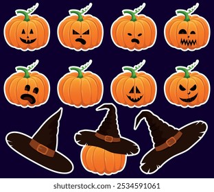 Halloween stickers. Pumpkins with different emotions. Witch hat sticker. 