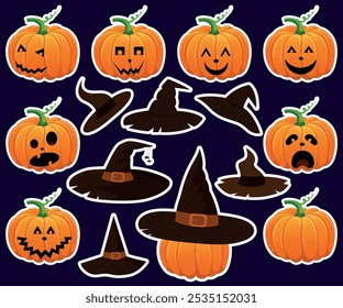 Halloween stickers. Pumpkins with different emotions. Witch hat sticker. 