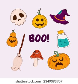 Halloween stickers - pumpkins, ghost, broom, witch, potion bottle, and others. Halloween graphic elements.