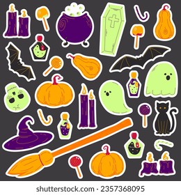 Halloween stickers with pumpkins, ghosts, candles, potions, cat, candy and others