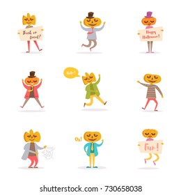 Stickers de Halloween con calabazas. Vector. Caricatura. Arte aislado de fondo blanco. Plano
