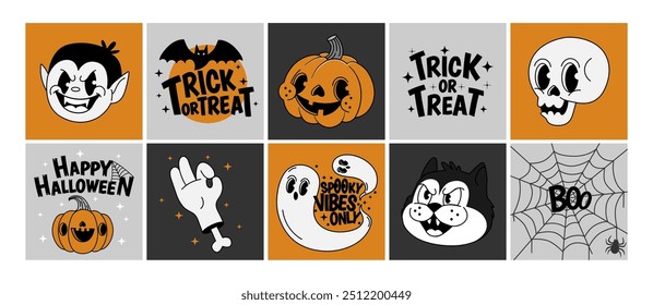 Halloween stickers. Retro Happy Halloween cards with funny creepy characters. Autumn festive elements with quotes, phrases. Groovy patches and labels. Vector illustration.