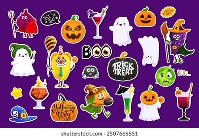 Halloween stickers with scary and funny emoji characters. Vector patches set, devil figs, witch grapes, jack lantern pumpkin face, cute kawaii ghosts, spider, cocktail glass, eerie clown or wizard hat