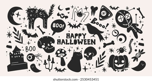 Halloween stickers and scary magic in cartoon style 90s. Vintage witchcraft pattern: skull, pumpkin, witch, ghosts, eye, potion. Spooky scary groovy shapes set.